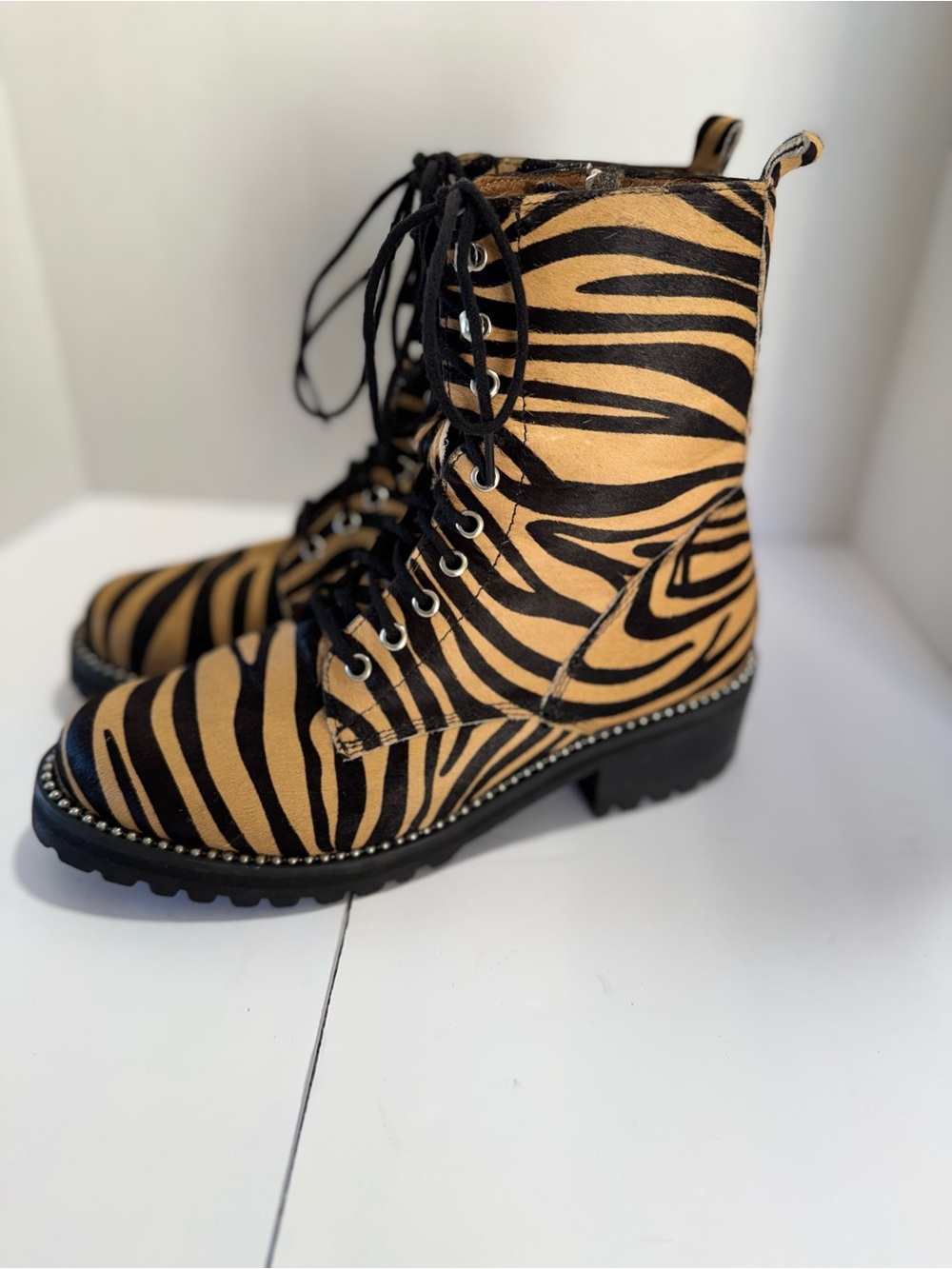 Women’s Tiger-Print Lace-Up Combat Boots - Black & Tan